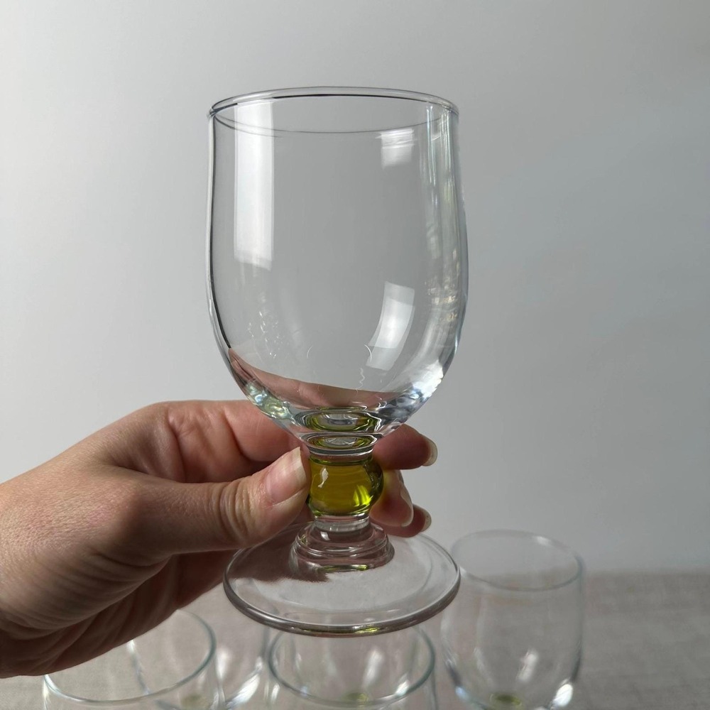 Vintage Set of 6 Lime Green Ball Stem Glass Goblets MCM Barware